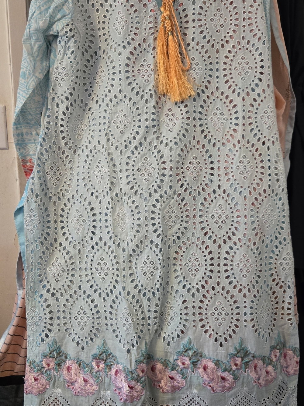 Light Blue Embroidered Eyelet Women’s Kurta with Tassel Detail